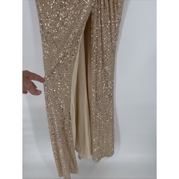 Mac Duggal Size 2 Gold SEQUINED DRAPED 3/4 SLEEVE Formal GOWN Dress New Prom - Picture 6 of 10